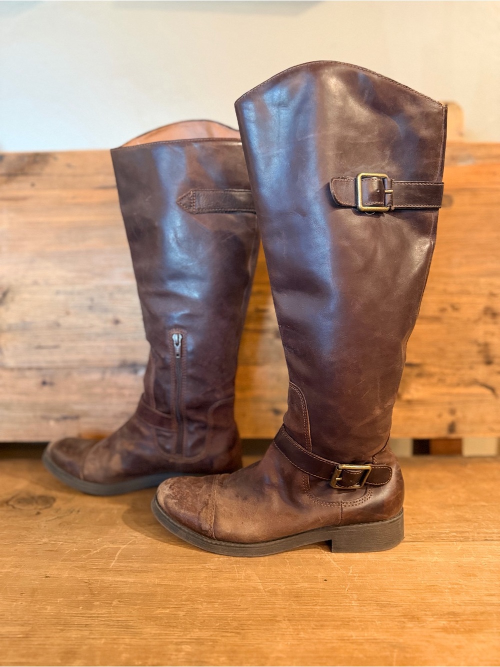 Lucky Brand Brown Leather Tall Riding Boots with Buckle Detail - Size 8